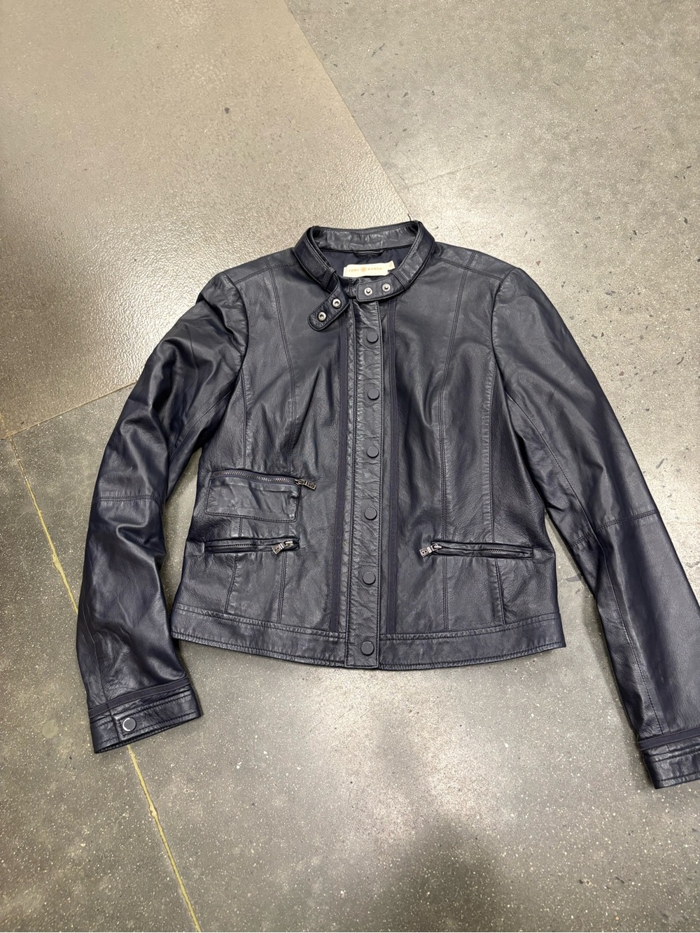 Tory Burch Leather Biker Jacket Navy Blue sz US 8